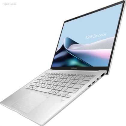     Laptop ASUS Zenbook 14 OLED UX3405CA-PP070X argintiu privit din unghi dreapta ecran OLED.