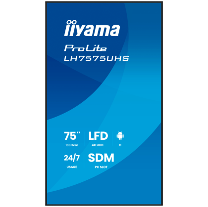 Iiyama ProLite LH7575UHS-B2AG 75" Diagonal Class (74.5" viewable) LED-backlit LCD display digital signage with built-in media player SDM Slot PC 4K UHD (2160p) 3840 x 2160 black (bezel) matte finish