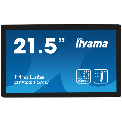 21,5" PCAP Bezel Free 10P Touch, 1920x1080, UV-filter+AF+AG coating, DisplayPort, HDMI, VGA, 935cd/m² (with touch), Wide Temp range (-20~60°C), Brightness, Temp and Proximiti sensor, Active Cooling, Through Glass (Gloves) mode, External Power Adapt