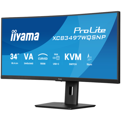 34" UW Curved VA-panel, 3440x1440-120Hz, 350cdm, 0,4ms MPRT, Speakers,USB-C Dock (LAN/KVM/95W PD),DisplayPort, 2xHDMI,USB HUB (2x3.2 2xC) ,Adaptive Sync.15cm Height Adj. Stand