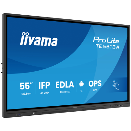 IIYAMA LFD TE5513A-B1AG Interactive 55" IPS 3840 x 2160 450 cd 8ms 40, 10pt writing 200Hz Scan rate, iiWare 21E (Android 14 OS) featuring Google EDLA, iiControl (DMS), WhiteBoard, web browser