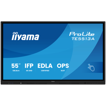 IIYAMA LFD TE5513A-B1AG Interactive 55" IPS 3840 x 2160 450 cd 8ms 40, 10pt writing 200Hz Scan rate, iiWare 21E (Android 14 OS) featuring Google EDLA, iiControl (DMS), WhiteBoard, web browser