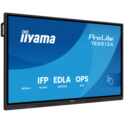 IIYAMA LFD Interactive TE6513A-B1AG Thin bezel 4K 450 cd/m PureTouch-IR 40, 10pt writing  200Hz Scan rate iiWare 21E (Android 14 OS) Google EDLA, iiControl (DMS), WhiteBoard, web browser