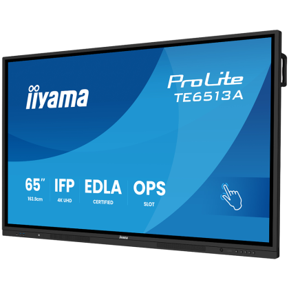 IIYAMA LFD Interactive TE6513A-B1AG Thin bezel 4K 450 cd/m PureTouch-IR 40, 10pt writing  200Hz Scan rate iiWare 21E (Android 14 OS) Google EDLA, iiControl (DMS), WhiteBoard, web browser