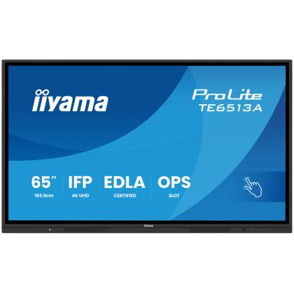 IIYAMA LFD Interactive TE6513A-B1AG Thin bezel 4K 450 cd/m PureTouch-IR 40, 10pt writing  200Hz Scan rate iiWare 21E (Android 14 OS) Google EDLA, iiControl (DMS), WhiteBoard, web browser