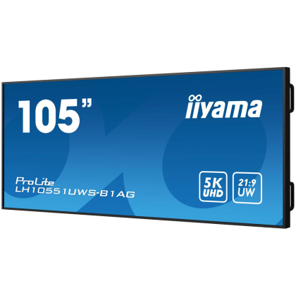 105"UW, 5120x2160 UW5K, IPS panel, 1x HDMI (UHD), DisplayPort and USB-C (UW5K), Output 1x DP (SST), OPS-slot (UW5K), 500cd/m2, 1200:1 Static Contrast, Landscape or Portrait mode, Speakers 2x 10W, Control LAN, 24/7 Operation, VESA 1500x600