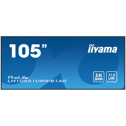 105"UW, 5120x2160 UW5K, IPS panel, 1x HDMI (UHD), DisplayPort and USB-C (UW5K), Output 1x DP (SST), OPS-slot (UW5K), 500cd/m2, 1200:1 Static Contrast, Landscape or Portrait mode, Speakers 2x 10W, Control LAN, 24/7 Operation, VESA 1500x600