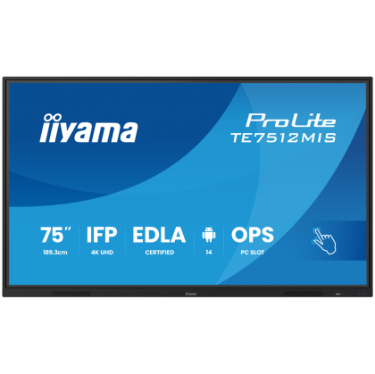 75" iiWare13E , Android 14, 8/128GB, 40-Points PureTouch IR with Zero Gap - Air bonding, 3840x2160, UHD VA panel, Fan-less, Speakers 2x 20W front, VGA, HDMI 2x HDMI-out, 2x USB-C max 65W PD), Audio mini-jack and Optical Out (S/PDIF), USB Touch Interf