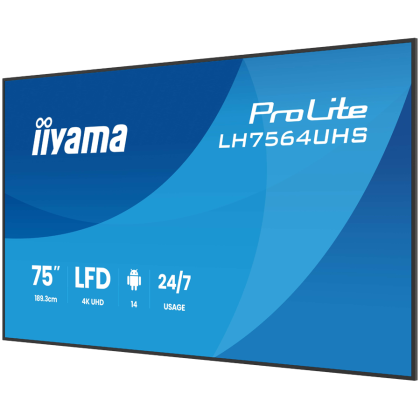 IIYAMA LFD LH7564UHS-B1AG 75" VA 3840 x 2160 60Hz 500 cd 5000:1 6.5ms Android 14 OS, iiSignage, iiControl, iiShare, EShare, FailOver, TeamViewer, PDF & Media Player, iiBrowser, File manager