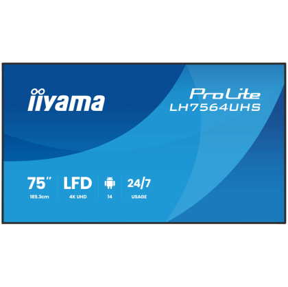 IIYAMA LFD LH7564UHS-B1AG 75" VA 3840 x 2160 60Hz 500 cd 5000:1 6.5ms Android 14 OS, iiSignage, iiControl, iiShare, EShare, FailOver, TeamViewer, PDF & Media Player, iiBrowser, File manager