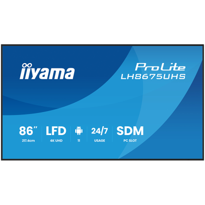 IIYAMA LFD LH8675UHS-B2AG 86" 4K UHD IPS 3840x2160 500cd 1400:1 8ms Android 11 OS, iiSignage2, iiControl, iiShare, EShare, FailOver, Landscape, Portrait