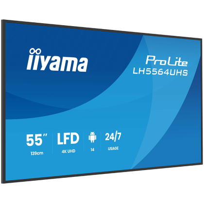IIYAMA LFD LH5564UHS-B1AG 4K VA 55" 500cd 5000:1 6.5ms Android 14 OS, iiSignage, iiControl, iiShare, EShare, FailOver, TeamViewer, PDF & Media Player, iiBrowser, File manager