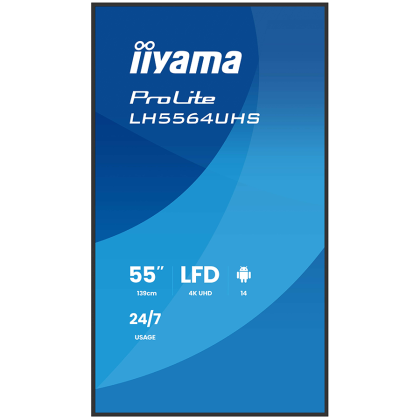IIYAMA LFD LH5564UHS-B1AG 4K VA 55" 500cd 5000:1 6.5ms Android 14 OS, iiSignage, iiControl, iiShare, EShare, FailOver, TeamViewer, PDF & Media Player, iiBrowser, File manager