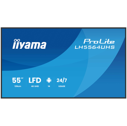 IIYAMA LFD LH5564UHS-B1AG 4K VA 55" 500cd 5000:1 6.5ms Android 14 OS, iiSignage, iiControl, iiShare, EShare, FailOver, TeamViewer, PDF & Media Player, iiBrowser, File manager