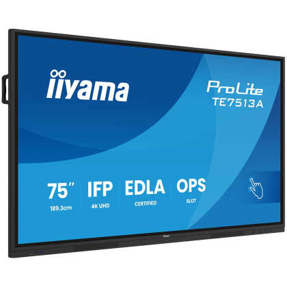 Iiyama Prolite TE7513A-B2AG 75''UHD VA 3840x2160 400cd 1200:1 8ms Android 1, 8/128GB, 40-Points, VGA, HDMI 2x HDMI-out 2x USB-C, Audio mini-jack and Optical Out (S/PDIF), USB Touch Interface,  Landscape mode, Media Play USB Ports, AntiGlare Glass,LAN