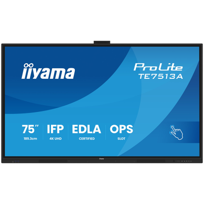 Iiyama Prolite TE7513A-B2AG 75''UHD VA 3840x2160 400cd 1200:1 8ms Android 1, 8/128GB, 40-Points, VGA, HDMI 2x HDMI-out 2x USB-C, Audio mini-jack and Optical Out (S/PDIF), USB Touch Interface,  Landscape mode, Media Play USB Ports, AntiGlare Glass,LAN