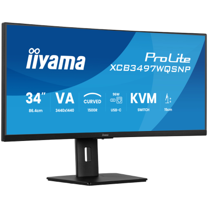 34" UW Curved VA-panel, 3440x1440-120Hz, 350cdm, 0,4ms MPRT, Speakers,USB-C Dock (LAN/KVM/95W PD),DisplayPort, 2xHDMI,USB HUB (2x3.2 2xC) ,Adaptive Sync.15cm Height Adj. Stand