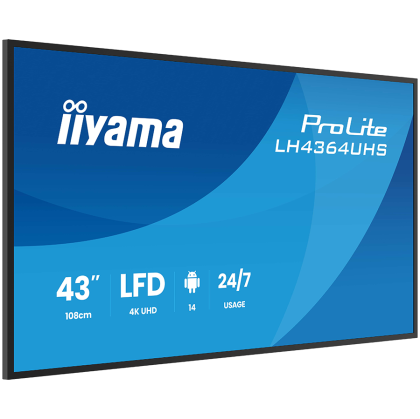 IIYAMA LFD LH4364UHS-B1AG 43'' UHD VA 3840 x 2160 60Hz 500 cd 4000:1 6.5ms Android 14OS iiSignage2 (CMS/DMS), iiShare, iiControl, Landscape and Portrait, Speakers 2x 10W, 2x HDMI, 1x USB-C, 15W PD, USB 2.0 x2, WiFi, LAN