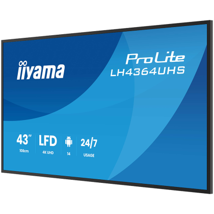 IIYAMA LFD LH4364UHS-B1AG 43'' UHD VA 3840 x 2160 60Hz 500 cd 4000:1 6.5ms Android 14OS iiSignage2 (CMS/DMS), iiShare, iiControl, Landscape and Portrait, Speakers 2x 10W, 2x HDMI, 1x USB-C, 15W PD, USB 2.0 x2, WiFi, LAN