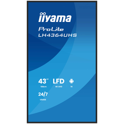 IIYAMA LFD LH4364UHS-B1AG 43'' UHD VA 3840 x 2160 60Hz 500 cd 4000:1 6.5ms Android 14OS iiSignage2 (CMS/DMS), iiShare, iiControl, Landscape and Portrait, Speakers 2x 10W, 2x HDMI, 1x USB-C, 15W PD, USB 2.0 x2, WiFi, LAN