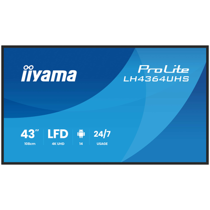 IIYAMA LFD LH4364UHS-B1AG 43'' UHD VA 3840 x 2160 60Hz 500 cd 4000:1 6.5ms Android 14OS iiSignage2 (CMS/DMS), iiShare, iiControl, Landscape and Portrait, Speakers 2x 10W, 2x HDMI, 1x USB-C, 15W PD, USB 2.0 x2, WiFi, LAN