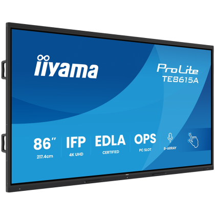 IIYAMA ProLite TE8615A-B2AG 86'' UHD IPS 3840x2160 550 cd 5000:1 8ms Android 14, 8/128GB, 40-Points, NFC, 2x HDMI, HDMI-out, LAN, WiFi6, DisplayPort, USB-C, Audio out: mini-jack and Optical Out, Landscape mode, Media Play USB Ports, Integrated iiWare