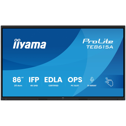 IIYAMA ProLite TE8615A-B2AG 86'' UHD IPS 3840x2160 550 cd 5000:1 8ms Android 14, 8/128GB, 40-Points, NFC, 2x HDMI, HDMI-out, LAN, WiFi6, DisplayPort, USB-C, Audio out: mini-jack and Optical Out, Landscape mode, Media Play USB Ports, Integrated iiWare