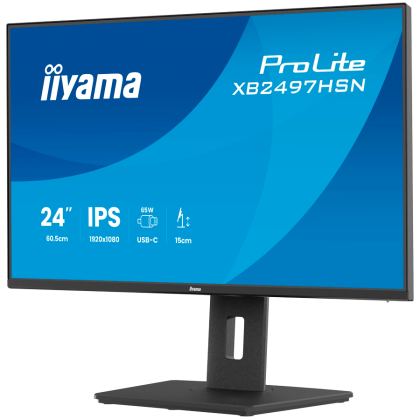 Iiyama ProLite XB2497HSN-B1, 60.5 cm , 23.8, 1920 x 1080 pixels, Full HD, LED, 1 ms, Black IPS monitor with USB-C docking, LAN