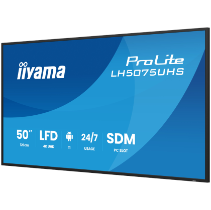 50" 3840x2160, UHD VA panel, Haze 25%, 500cd/m2, Landscape and Portrait, Signal FailOver, Speakers 2x10W, HDMI 3x, DisplayPort, DP-out (MST/HDMI/Mirror/Tiling), USB 2.0 x2, WiFi, LAN, Media Play USB Port, Control LAN/RS232C, iiSignage2 (CMS/DMS)