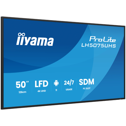 50" 3840x2160, UHD VA panel, Haze 25%, 500cd/m2, Landscape and Portrait, Signal FailOver, Speakers 2x10W, HDMI 3x, DisplayPort, DP-out (MST/HDMI/Mirror/Tiling), USB 2.0 x2, WiFi, LAN, Media Play USB Port, Control LAN/RS232C, iiSignage2 (CMS/DMS)