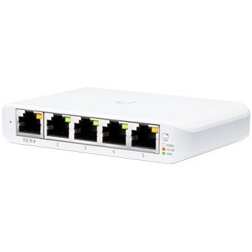 UBIQUITI Flex Mini; (4) GbE ports; (1) GbE PoE input port for power; Optional powering with included 5V, 1A USB-C adapter.