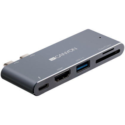 CANYON DS-5 Multiport Docking Station with 5 port, with Thunderbolt 3 Dual type C male port, 1*Thunderbolt 3 female+1*HDMI+1*USB3.0+1*SD+1*TF. Input 100-240V, Output USB-C PD100W&USB-A 5V/1A, Aluminium alloy, Space gray, 90*41*11mm, 0.04kg