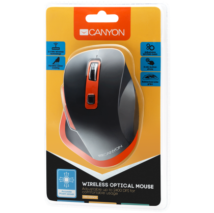 CANYON MW-14 2.4Ghz Wireless mouse, with 6 buttons,DPI 800/1200/1600/2000/2400,Battery:AAA*2 pcs , Black-Orange119.6*81.1*43.3mm86.8g