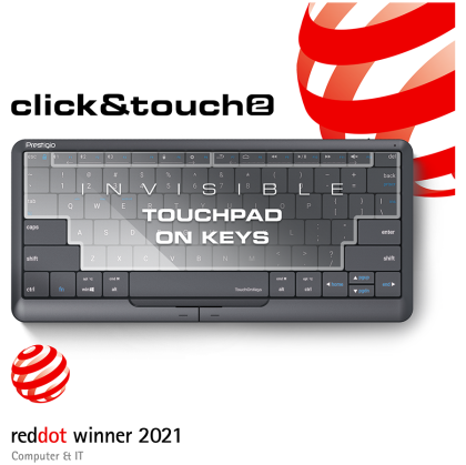 Prestigio Click&Touch 2, wireless multimedia smart keyboard with touchpad embedded into keys, auto-switch between keyboard and touchpad modes, touch multimedia sliders, left and right physical "mouse" buttons, connects up to 4 devices via Bluetooth and Ty