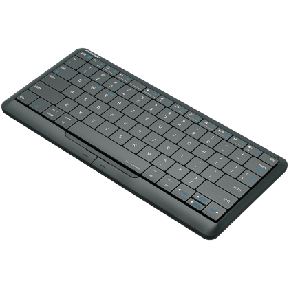 Prestigio Click&Touch 2, wireless multimedia smart keyboard with touchpad embedded into keys, auto-switch between keyboard and touchpad modes, touch multimedia sliders, left and right physical "mouse" buttons, connects up to 4 devices via Bluetooth and Ty