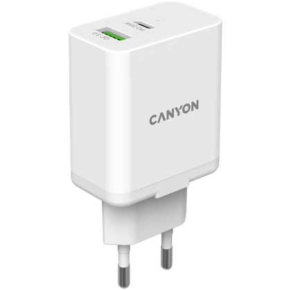 Canyon, PD 20W/QC3.0 18W WALL Charger with 1-USB A+ 1-USB-C   Input: 100V-240V, Output: 1 port charge: USB-C:PD 20W (5V3A/9V2.22A/12V1.67A) , USB-A:QC3.0 18W (5V3A/9V2.0A/12V1.5A), 2 port charge: common charge,  total 5V, 3.4A, Eu plug, Over- Voltage