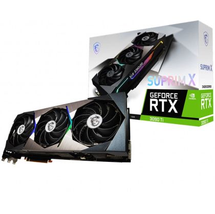 MSI Video Card Nvidia GeForce RTX 3090 Ti SUPRIM X 24G, 24GB GDDR6X, 384-bit, 936 GB/s, 21000 MHz Effective Memory Clock, 1950 MHz Boost, 10752 CUDA Cores, PCIe 4.0, 3x DP, HDMI, RAY TRACING, Triple Fan, 850W Recommended PSU, Aluminum Backplate, 3Y