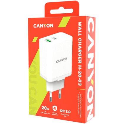 Canyon, PD 20W/QC3.0 18W WALL Charger with 1-USB A+ 1-USB-C   Input: 100V-240V, Output: 1 port charge: USB-C:PD 20W (5V3A/9V2.22A/12V1.67A) , USB-A:QC3.0 18W (5V3A/9V2.0A/12V1.5A), 2 port charge: common charge,  total 5V, 3.4A, Eu plug, Over- Voltage