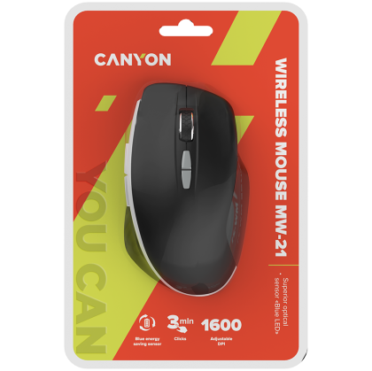 CANYON MW-21, 2.4 GHz  Wireless mouse ,with 7 buttons, DPI 800/1200/1600, Battery: AAA*2pcs,Black,72*117*41mm, 0.075kg