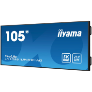 105"UW, 5120x2160 UW5K, IPS panel, 1x HDMI (UHD), DisplayPort and USB-C (UW5K), Output 1x DP (SST), OPS-slot (UW5K), 500cd/m2, 1200:1 Static Contrast, Landscape or Portrait mode, Speakers 2x 10W, Control LAN, 24/7 Operation, VESA 1500x600
